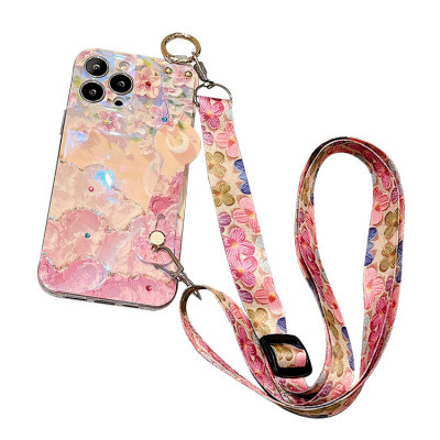 iPhone 15 Pro Max Case - Heavy Duty Crossbody Phone Case - Casebus Fashion Flower Phone Case, Rhinestone Oil Painting Floral Design, with Crossbody Lanyard & Wrist Strap - ARIELLE