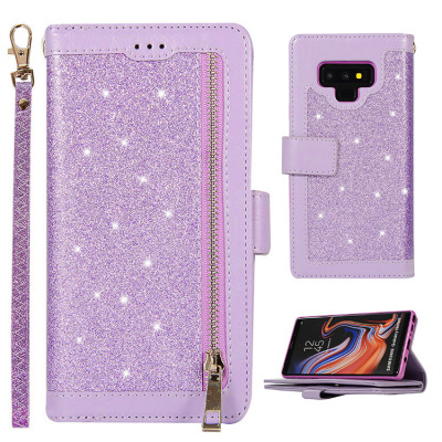 Samsung Galaxy Note9 Case - Folio Flip Wallet Phone Case - Casebus Glitter Bling 9 Cards Slots Wallet Phone Case, Leather Flip, Zipper, Kickstand, Protective Case - PEABODY