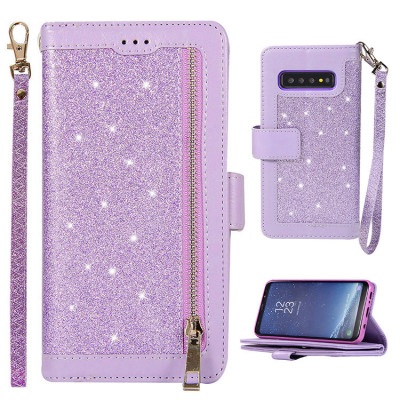 Samsung Galaxy S10 Case - Folio Flip Wallet Phone Case - Casebus Glitter Bling 9 Cards Slots Wallet Phone Case, Leather Flip, Zipper, Kickstand, Protective Case - PEABODY