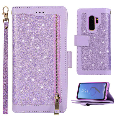 Samsung Galaxy S9 Plus Case - Folio Flip Wallet Phone Case - Casebus Glitter Bling 9 Cards Slots Wallet Phone Case, Leather Flip, Zipper, Kickstand, Protective Case - PEABODY