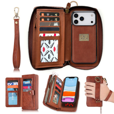 iPhone 16e Case - Detachable Folio Flip Wallet Phone Case - Casebus Multi Functional Wallet Phone Case, 14 Card Slots 3 Purse 1 Zipper 1 Wrist Band 1 Metal Buckle, Wrist Strap Clutch Magnetic Detachable - DOROTE