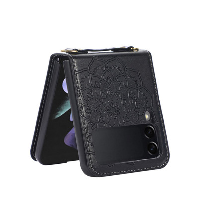 iPhone 14 Case - Wallet Phone Case - Casebus Crossbody Case for Galaxy Z Flip 3, With Premium Leather Luxury Mandala Flower Pattern Lanyard Slim Cover - YOANNA