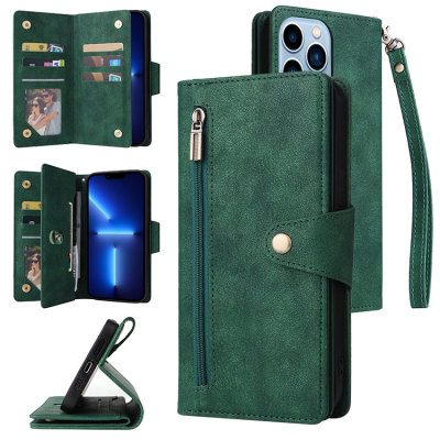 iPhone 14 Plus Case - Folio Flip Wallet Phone Case - Casebus Multi Card Zipper Wallet Phone Case, 7 Card Slots Cash Pocket Kickstand Strap Leather Folio Flip Magnetic Cover - SALUD