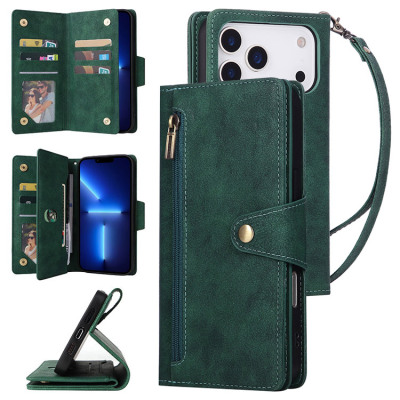 iPhone 17 Pro Max Case - Folio Flip Wallet Phone Case - Casebus Multi Card Zipper Wallet Phone Case, 7 Card Slots Cash Pocket Kickstand Strap Leather Folio Flip Magnetic Cover - SALUD