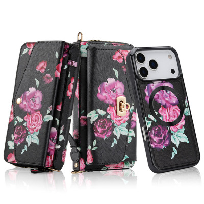 Detachable Folio Flip Crossbody Wallet Phone Case - Casebus Classic Wallet Phone Case, 14 Card Slots 3 Purse 1 Zipper, Floral Pattern, Wireless Charging Support, Detachable - MARNI