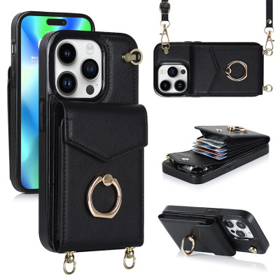 iPhone 15 Plus Case - Crossbody Wallet Phone Case - Casebus Crossbody Wallet Phone Case, with Rotation Ring, Wrist Strap Lanyard, Leather, Card Holder, Magnetic Clasp, RFID Blocking Kickstand Cover - HANNAH