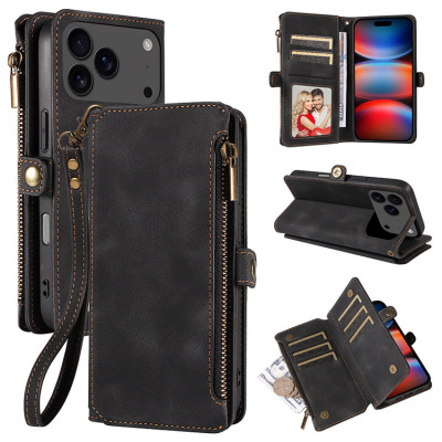 iPhone 17 Pro Case - Folio Flip Wallet Phone Case - Casebus Flip Phone Wallet Case, Support Wireless Charging, Wrist Strap & Zipper Pocket Card Holder, Fullbody Protection, Kickstand Cover - DAKSA