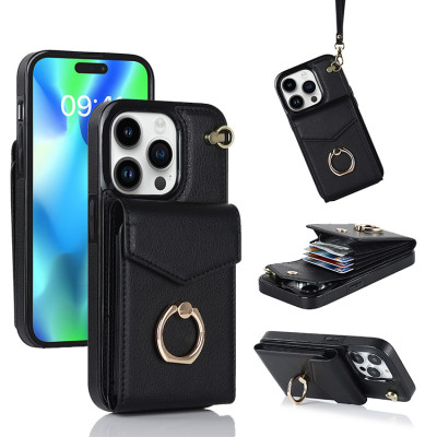 iPhone 15 Plus Case - Wallet Phone Case - Casebus 360° Rotation Ring Wallet Case, with Card Slots & Wrist Strap - BETHANY