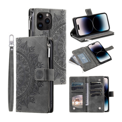 Samsung Galaxy S24 Ultra Case - Crossbody Wallet Folio Flip Phone Case - Casebus Flip Wallet Phone Case, Leather, Mandala Floral Embosssed Design, Magnetic Folio Zipper Card Holder, with Shoulder Strap & Wrist Strap - ODDRUN