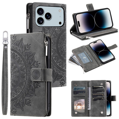 Crossbody Wallet Folio Flip Phone Case - Casebus Flip Wallet Phone Case, Leather, Mandala Floral Embosssed Design, Magnetic Folio Zipper Card Holder, with Shoulder Strap & Wrist Strap - ODDRUN