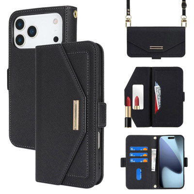 iPhone 16 Plus Case - Wallet Folio Flip Crossbody Phone Case - Casebus Crossbody Wallet Phone Case, Leather Flip Handbag Purse, Built in Make Up Mirror, Credit Card Holder - STELLA