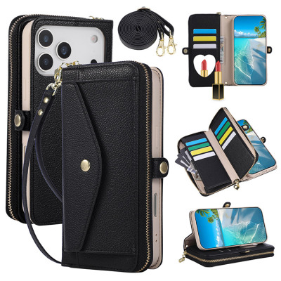 iPhone 16 Plus Case - Wallet Folio Flip Crossbody Phone Case - Casebus Crossbody Zipper Flip Wallet Phone Case, Credit Card Holder, Built in Makeup Mirror, with Wristband - NAOMI