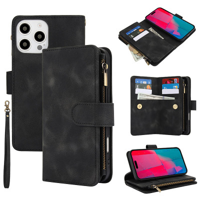 Wallet Folio Flip Phone Case - Casebus Zipper Flip Wallet Phone Case, Premium Leather, Magnetic Closure, with Card Slots & Detachable Lanyard Strap - BETTY