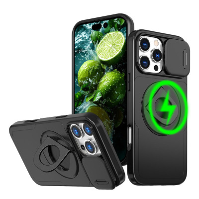 Heavy Duty Phone Case - Casebus Heavy Duty Magnetic Phone Case, Support Magsafe, with 360° Rotating Ring Kickstand & Slider Camera Lens Cover - DALLAS