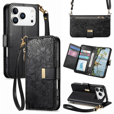Wallet Folio Flip Crossbody Phone Case - Casebus Crossbody Wallet Phone Case, Zipper Flip Folio Leather Cover, with Card Slot Holder & Wrist Band - BESS