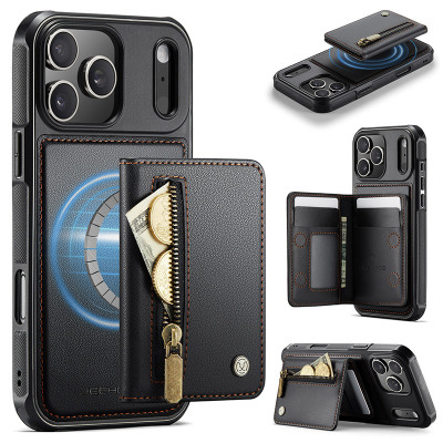iPhone 13 Pro Case - Wallet Detachable Phone Case - Casebus 2 in 1 Detachable Wallet Phone Case, Support Magsafe, Leather Zipper Flip Purse, with Card Holder & RFID Blocking - BLAKE