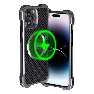 iPhone 15 Case - Heavy Duty Phone Case - Casebus Classic Metal Carbon Fiber Phone Case, with Camera Lens Protector Film, Support Magsafe & Wireless Charger, Aluminum Alloy, Hollow Heat Dissipation, Shockproof Back Cover - OTHNI