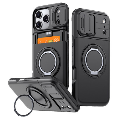 iPhone 16 Plus Case - Heavy Duty Wallet Phone Case - Casebus Heavy Duty Wallet Phone Case, Hidden Card Slot, 360 Rotating Ring Kickstand, Sliding Camera Cover - ARTHUR