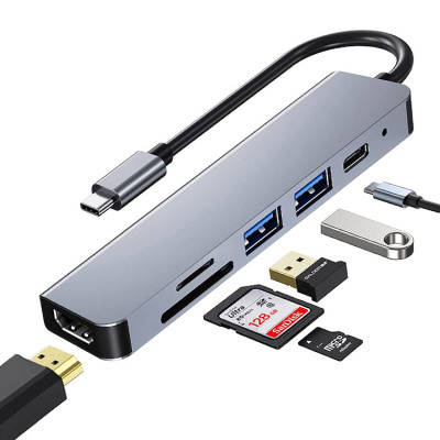 USB C Hub 6 in 1 for iPhone 15 Pro - Classic USB 3.0 *1 & USB 2.0 *1 & SD *1 & TF *1 & USB-C *1 & 4K@30Hz HDMI *1