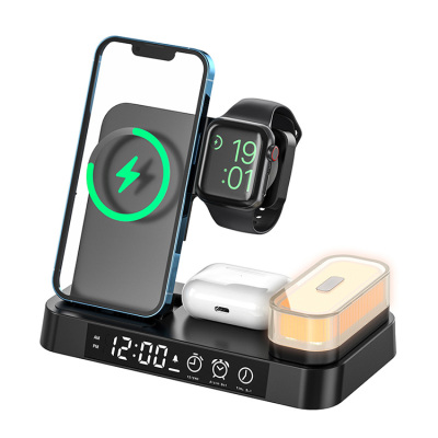 5 IN 1 FOLDABLE WIRELESS CHARGER for iPhone 16 Pro Max - Casebus 5 in 1 Wireless Charger, 23W Foldable Wireless Charging Station, for iPhone Samsung Galaxy Google Pixel etc, for iWatch, for AirPods, with Multi Colored Night Light & Alarm Clock